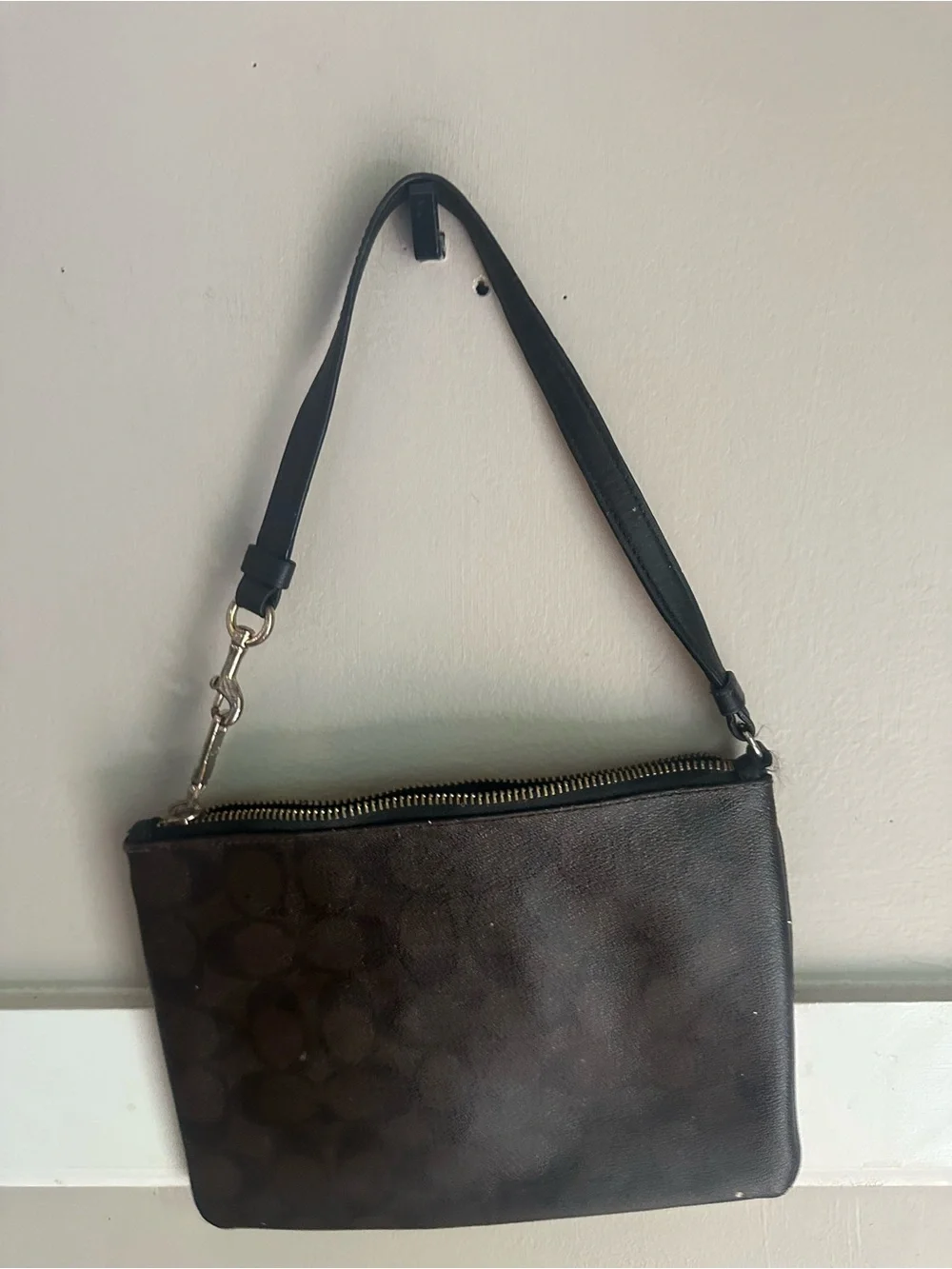 Coach Dark Brown Signature Shoulder Pouch with Black Strap